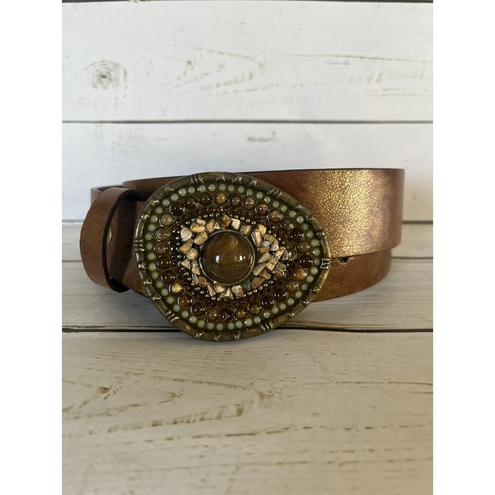 Guess Chunky Brass & Stone Buckle Brown Faux Leather Gold Metallic 43”x 1.5” Lge
